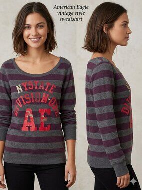 American Eagle NY State Division One Gray/Purple Striped Sweatshirt Size Small